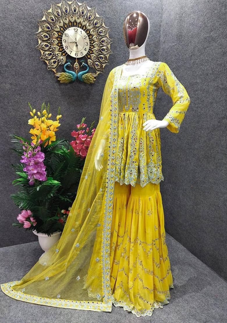 Yellow Embroidered Georgette Kurta Sharara Set