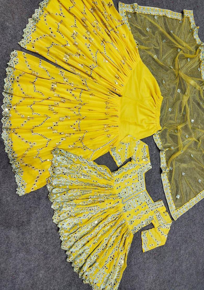 Yellow Embroidered Georgette Kurta Sharara Set