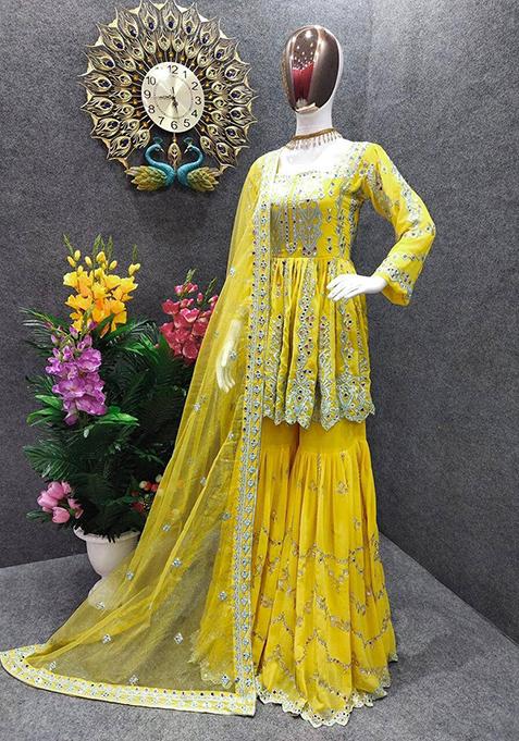 Yellow Embroidered Georgette Kurta Sharara Set