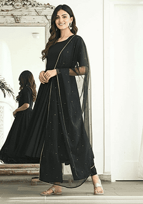 Black Embroidered Rayon Anarkali Palazo Set