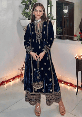 Blue Embroidered Velvet Kurta Palazzo Set