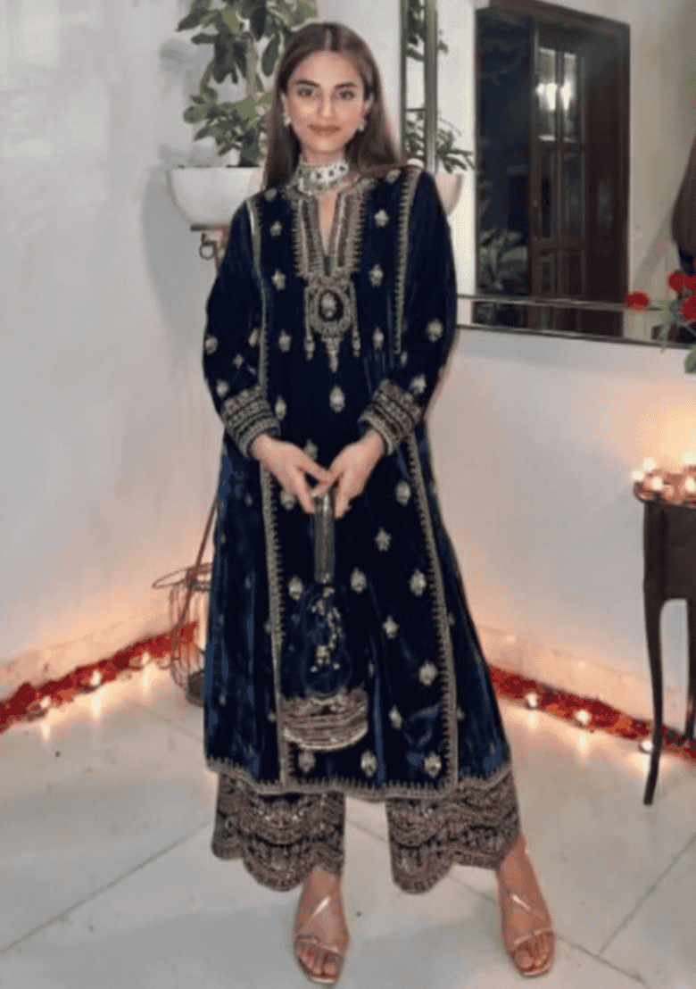 Blue Embroidered Velvet Kurta Palazzo Set - Indya
