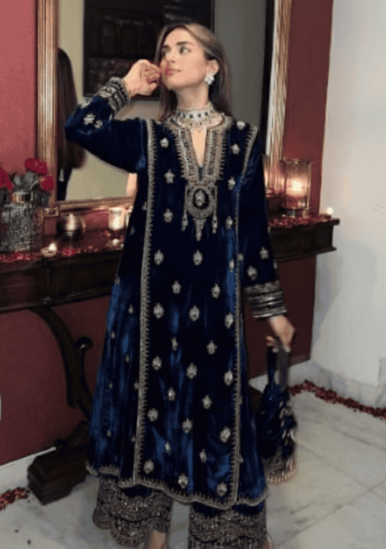 Blue Embroidered Velvet Kurta Palazzo Set - Indya