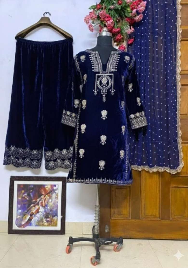 Blue Embroidered Velvet Kurta Palazzo Set - Indya