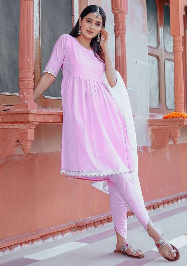 Pink Embroidered Cotton Kurta Dhoti Set - Indya