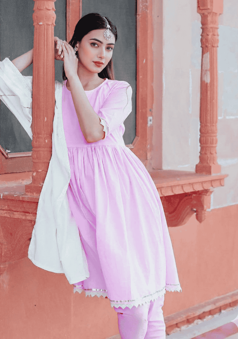 Pink Embroidered Cotton Kurta Dhoti Set - Indya