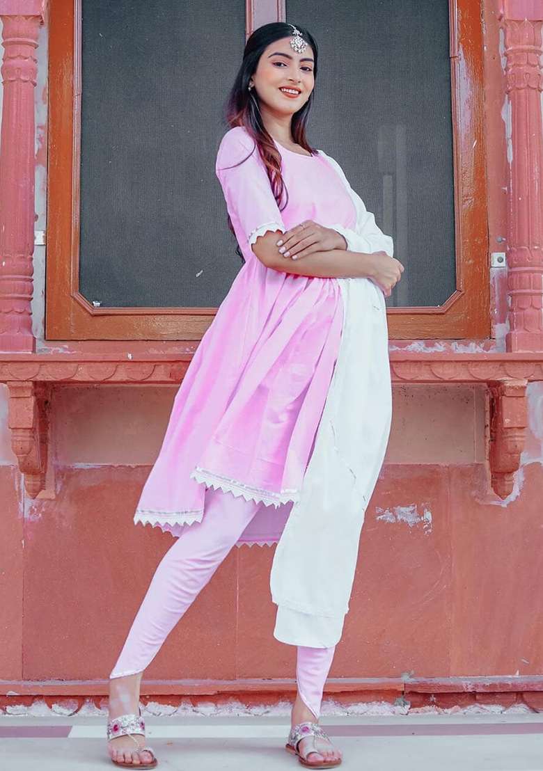 Pink Embroidered Cotton Kurta Dhoti Set - Indya