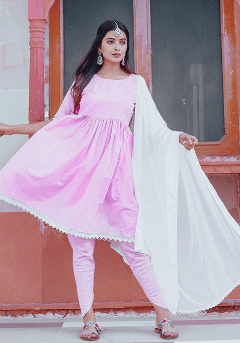 Pink Embroidered Cotton Kurta Dhoti Set