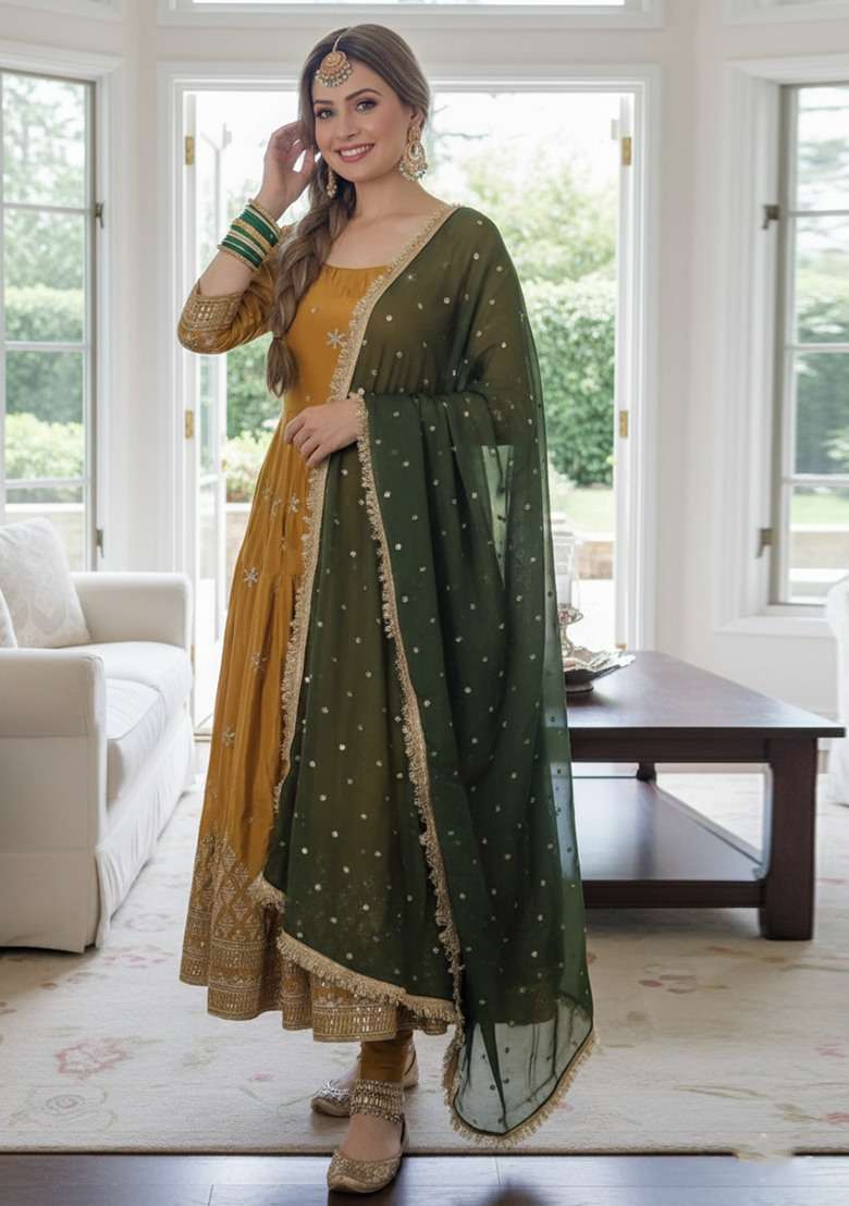 Mustard Embroidered Georgette Anarkali With Dupatta - Indya