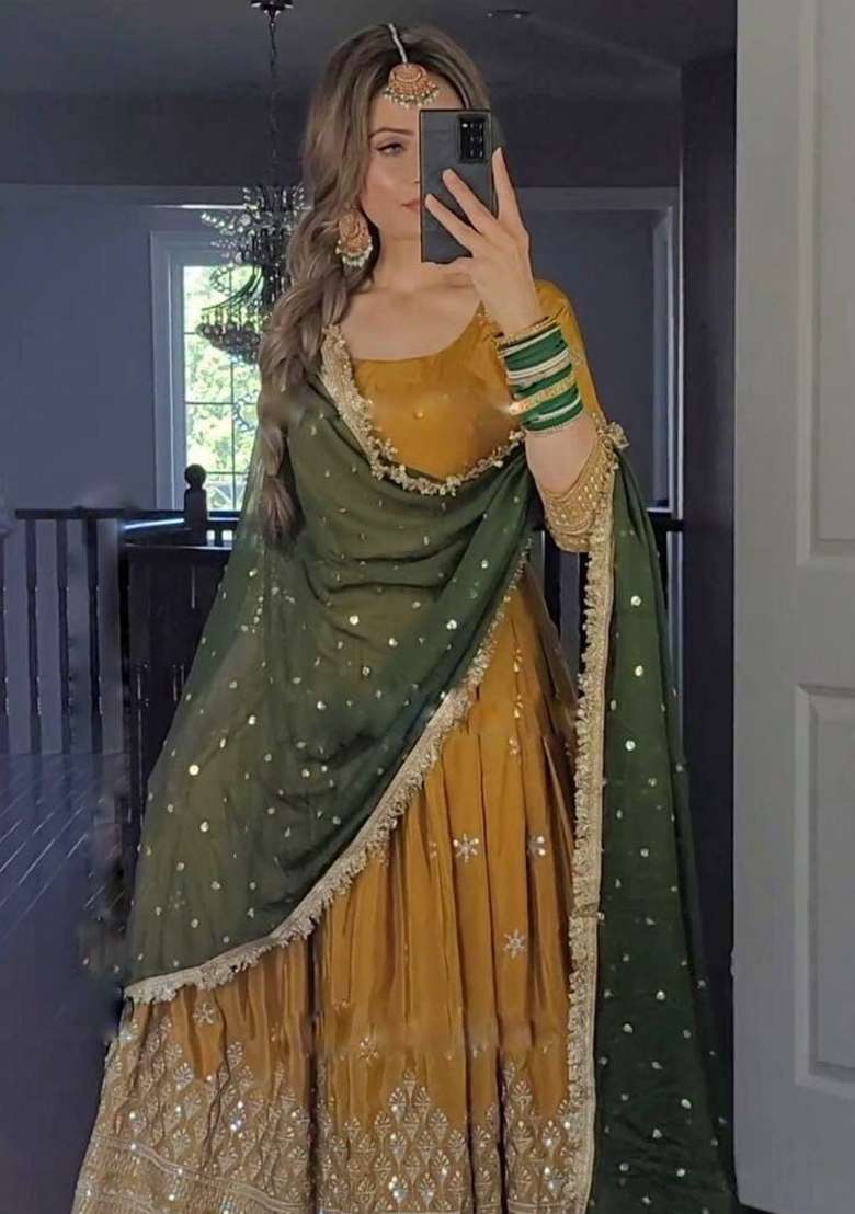 Mustard Embroidered Georgette Anarkali With Dupatta - Indya
