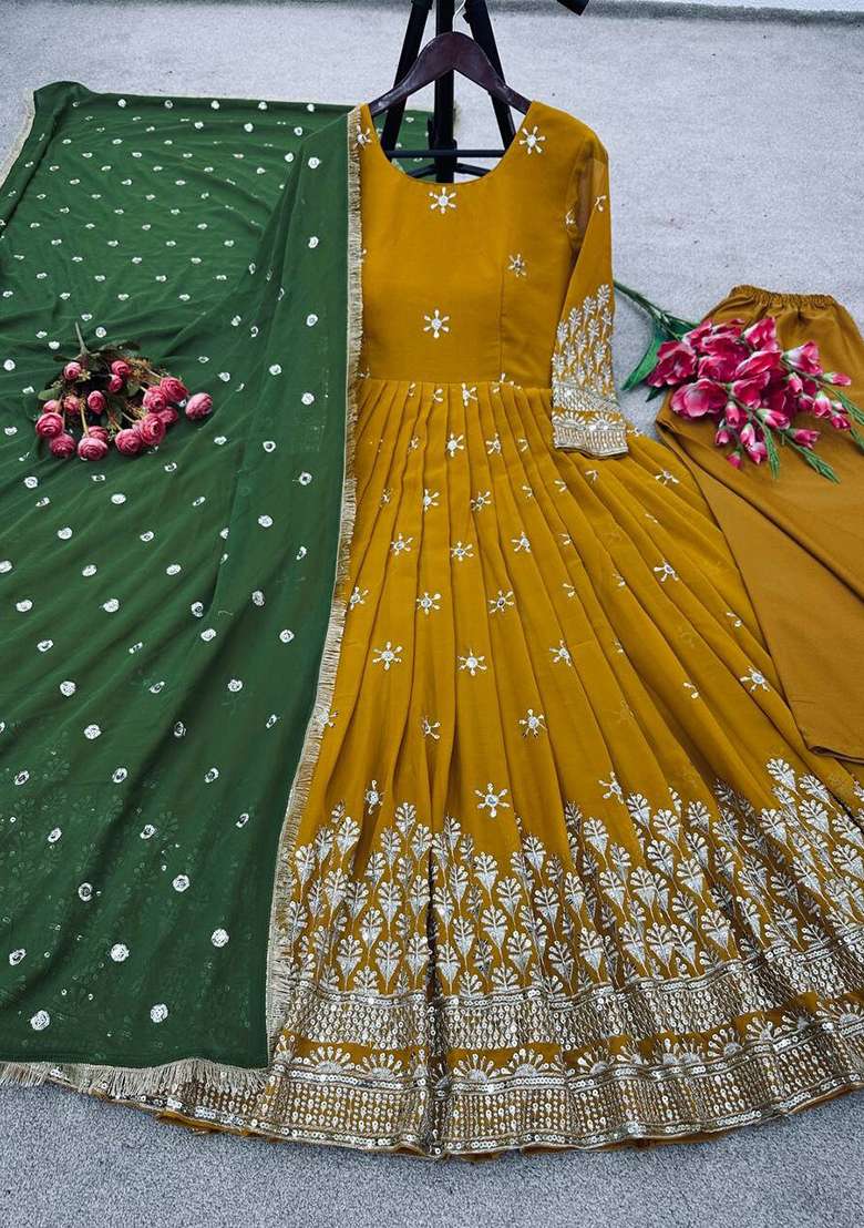 Mustard Embroidered Georgette Anarkali With Dupatta - Indya