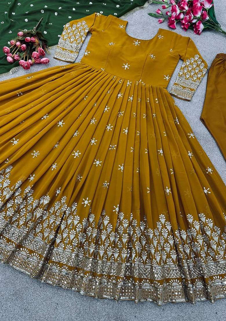 Mustard Embroidered Georgette Anarkali With Dupatta - Indya