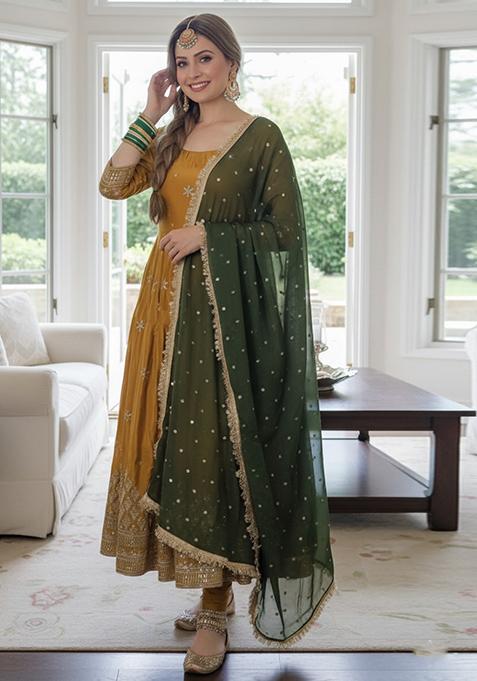 Mustard Embroidered Georgette Anarkali With Dupatta
