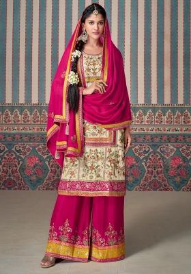 Multicolor Embroidered Silk Kurta Set With Dupatta