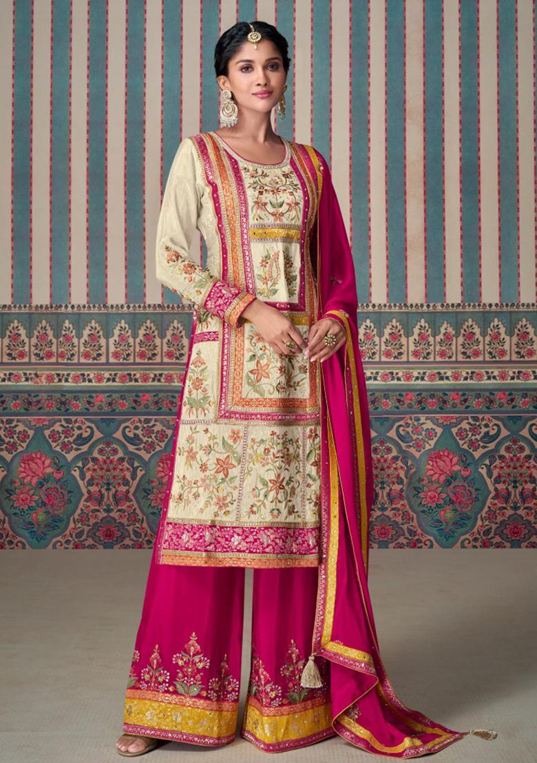 Multicolor Embroidered Silk Kurta Set With Dupatta - Indya