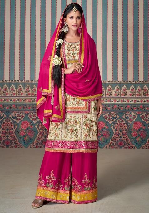 Multicolor Embroidered Silk Kurta Set With Dupatta