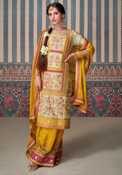 Multicolor Embroidered Silk Kurta Set With Dupatta