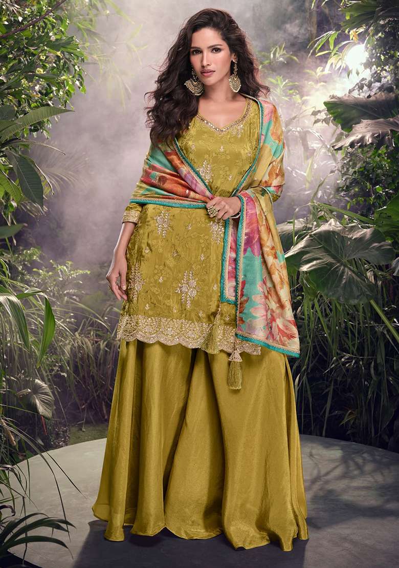 Mustard Embroidered Shimmer Sharara Set - Indya