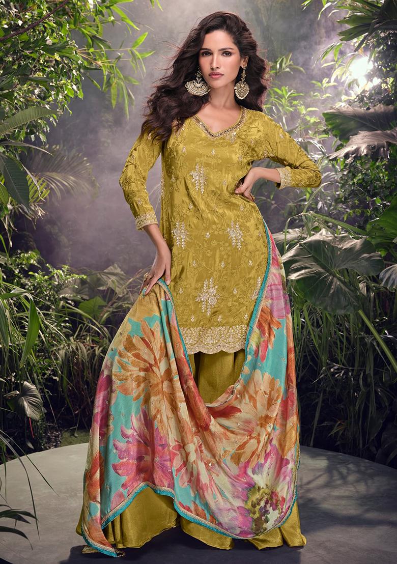 Mustard Embroidered Shimmer Kurta Set With Dupatta - Indya