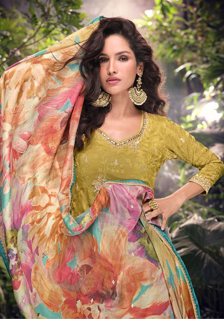 Mustard Embroidered Shimmer Sharara Set - Indya