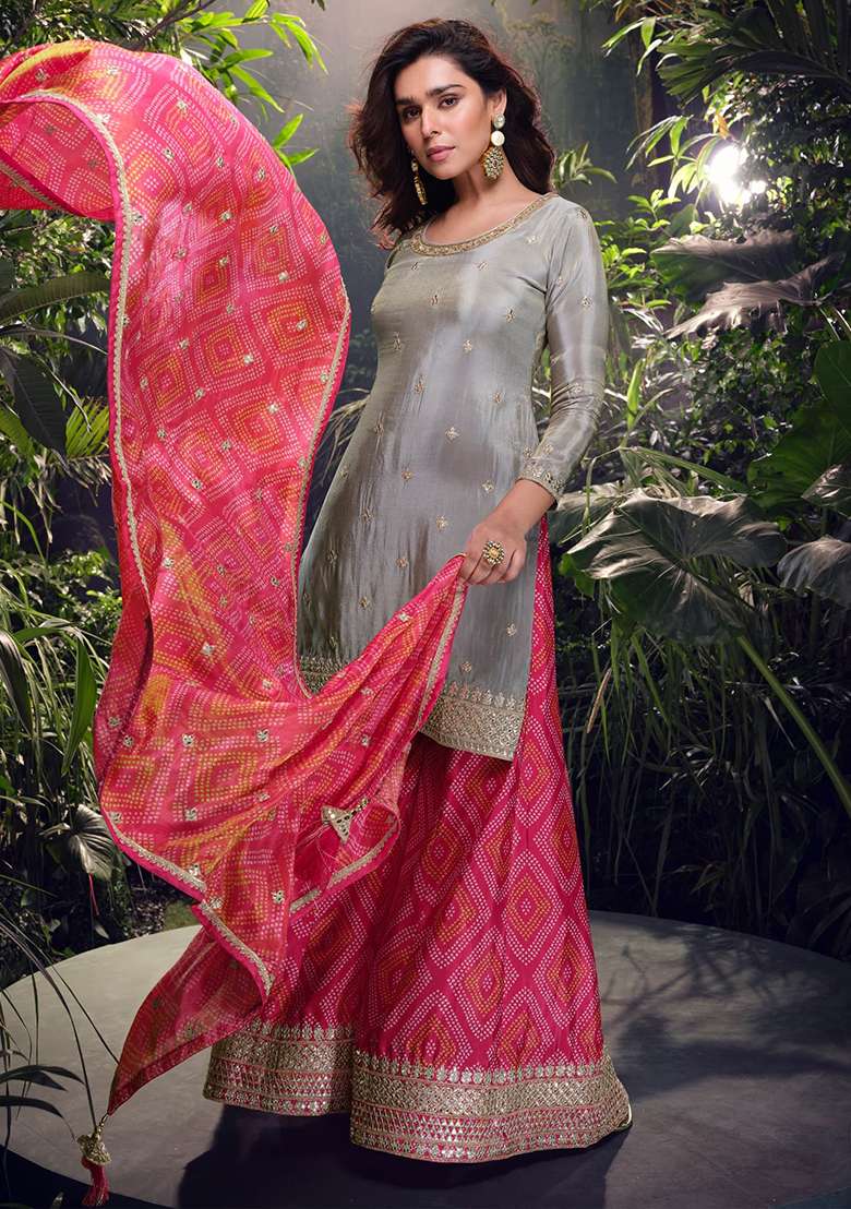 Grey Embroidered Shimmer Sharara Set - Indya
