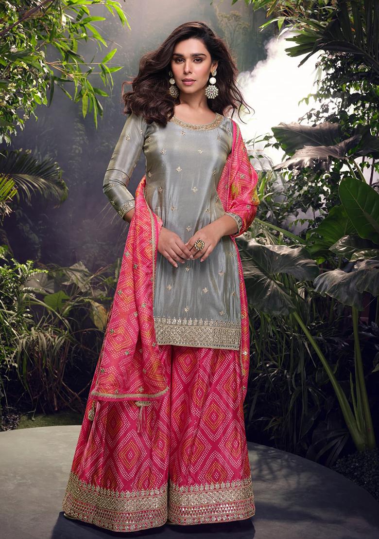Grey Embroidered Shimmer Kurta Set With Dupatta - Indya