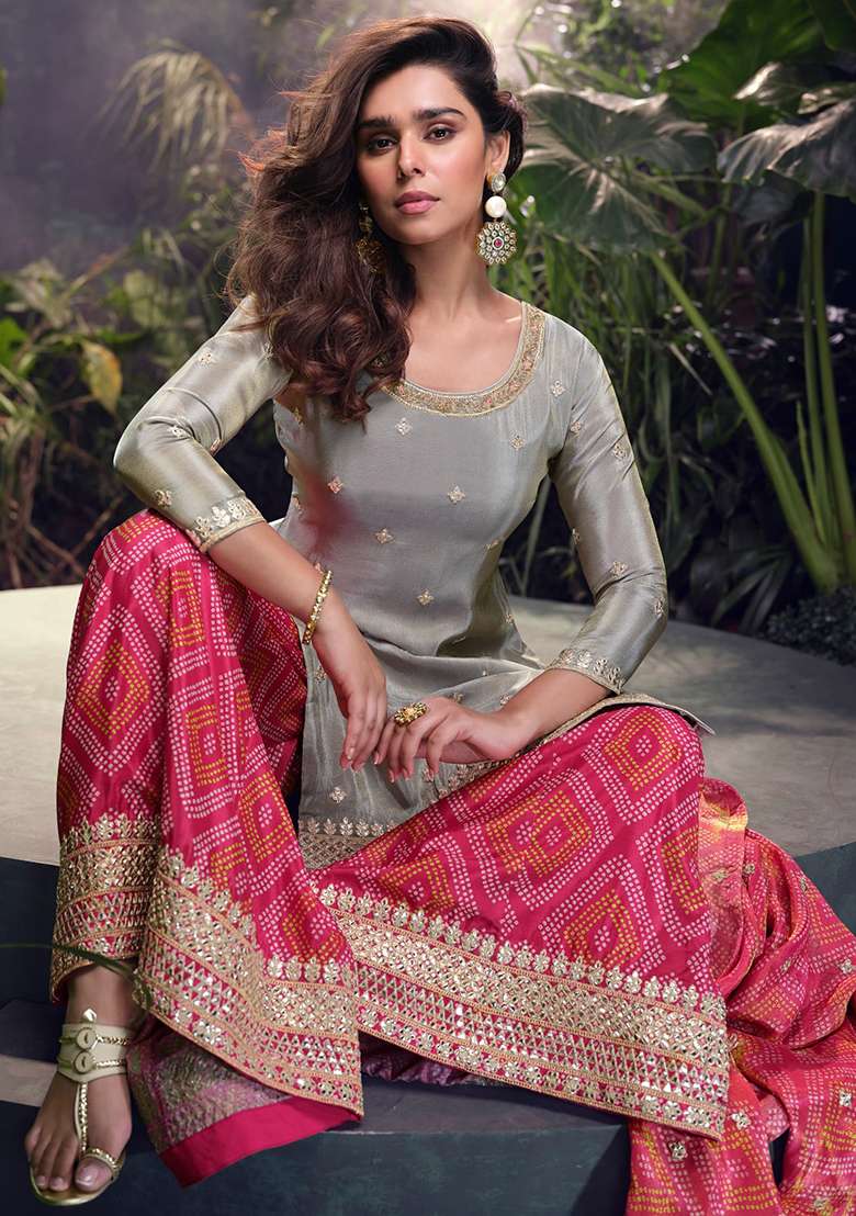 Grey Embroidered Shimmer Sharara Set - Indya