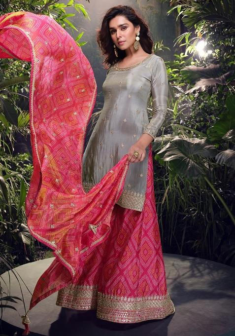 Grey Embroidered Shimmer Kurta Set With Dupatta