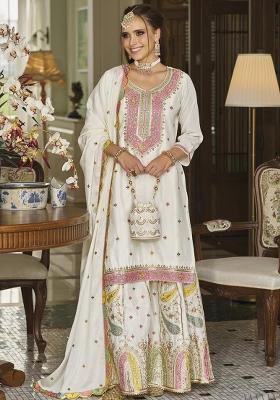 White Embroidered Silk Kurta Set With Dupatta
