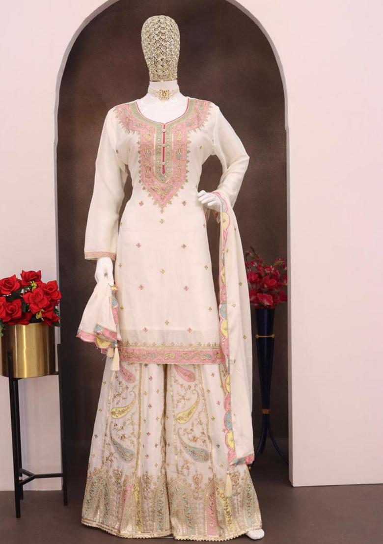 White Embroidered Silk Kurta Set With Dupatta - Indya
