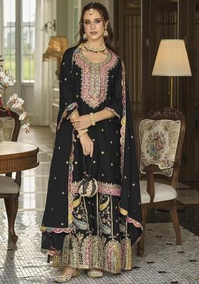 Black Embroidered Silk Kurta Set With Dupatta