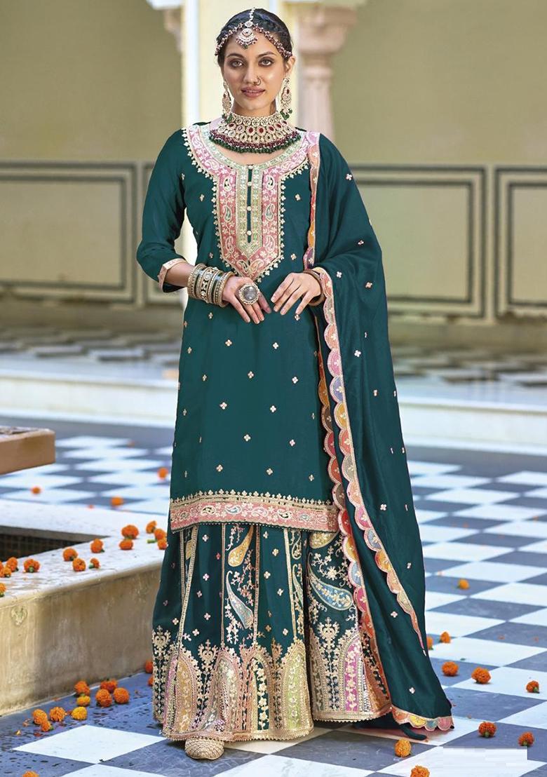 Dark Green Embroidered Silk Kurta Set With Dupatta - Indya