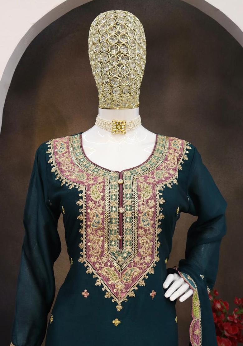 Dark Green Embroidered Silk Kurta Set With Dupatta - Indya