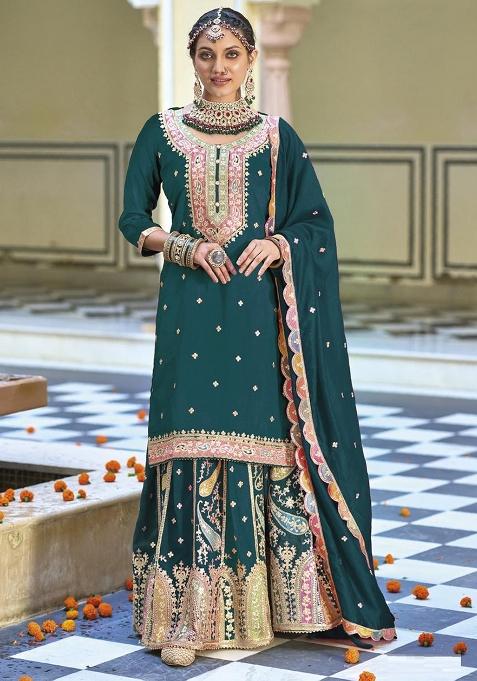 Dark Green Embroidered Silk Kurta Set With Dupatta