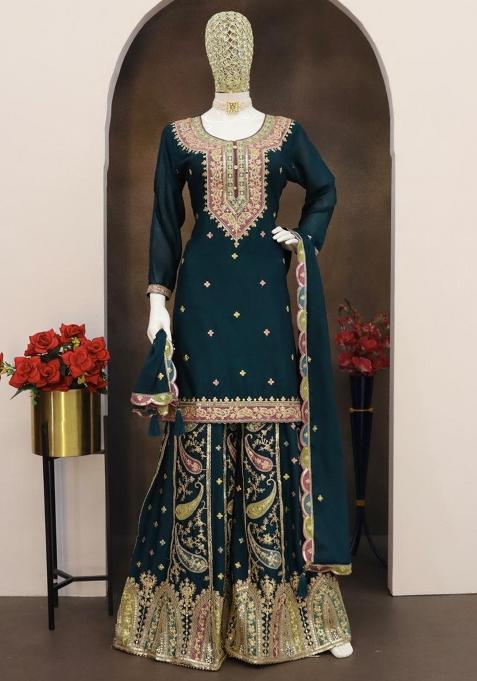 Dark Green Embroidered Silk Kurta Set With Dupatta