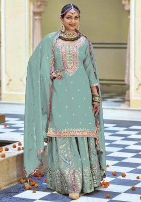 Sky Blue Embroidered Silk Kurta Set With Dupatta