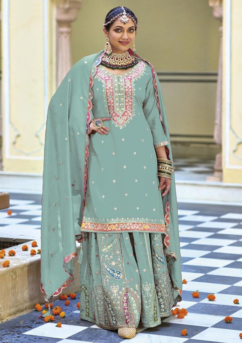 Sky Blue Embroidered Silk Kurta Set With Dupatta