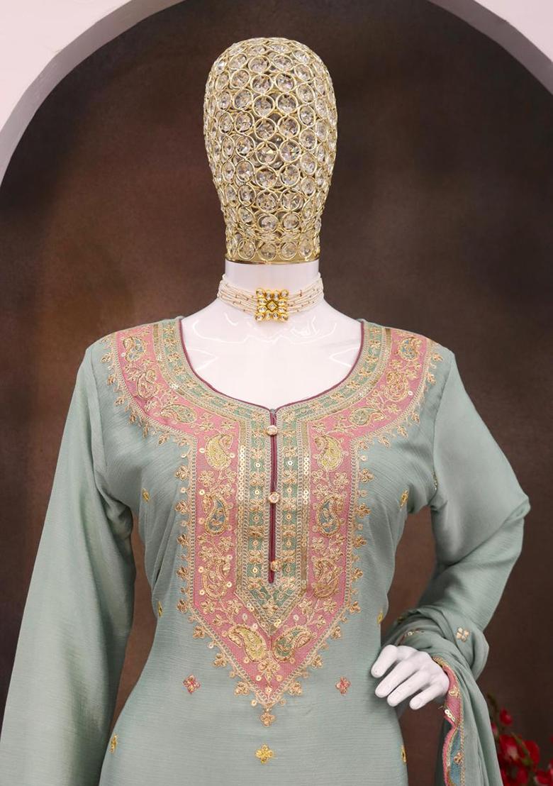 Sky Blue Embroidered Silk Kurta Set With Dupatta