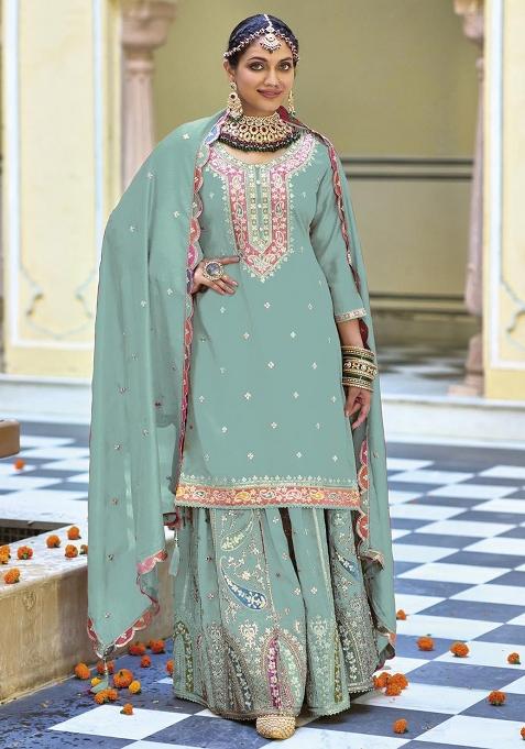 Sky Blue Embroidered Silk Kurta Set With Dupatta