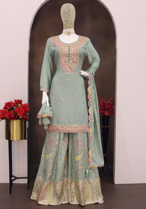 Sky Blue Embroidered Silk Kurta Set With Dupatta
