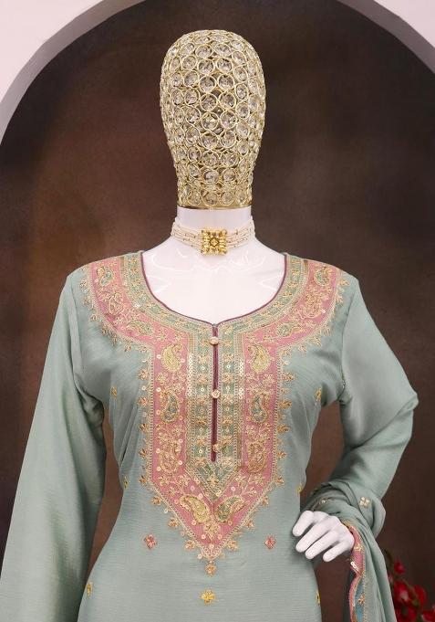 Sky Blue Embroidered Silk Kurta Set With Dupatta