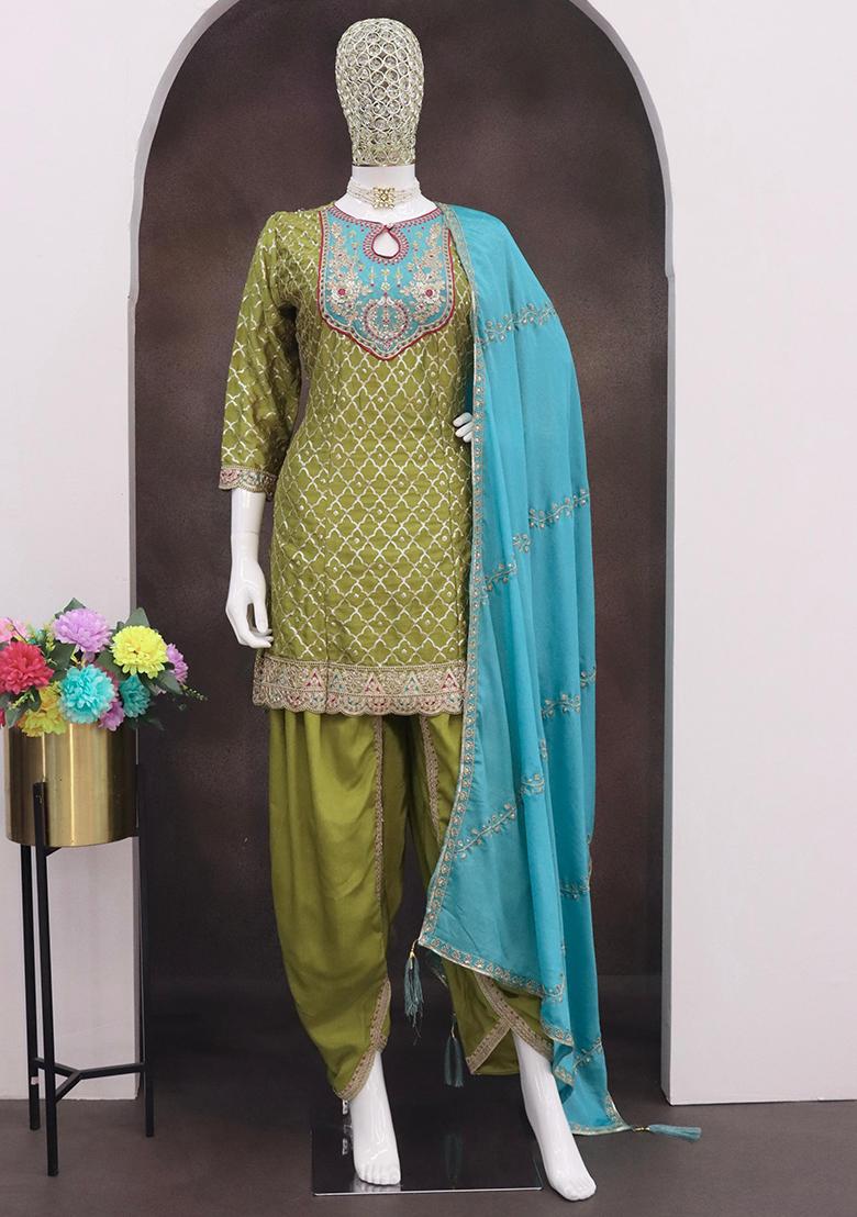 Green Embroidered Silk Kurta Set With Dupatta - Indya