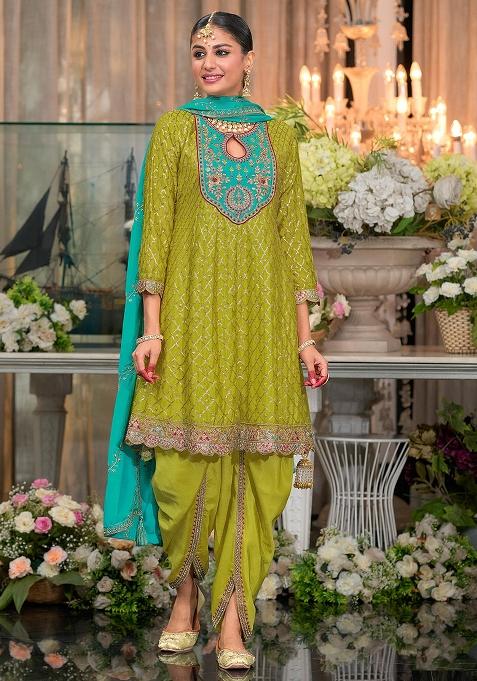 Green Embroidered Silk Kurta Set With Dupatta