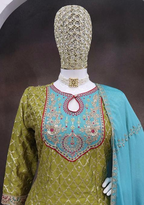 Green Embroidered Silk Kurta Set With Dupatta