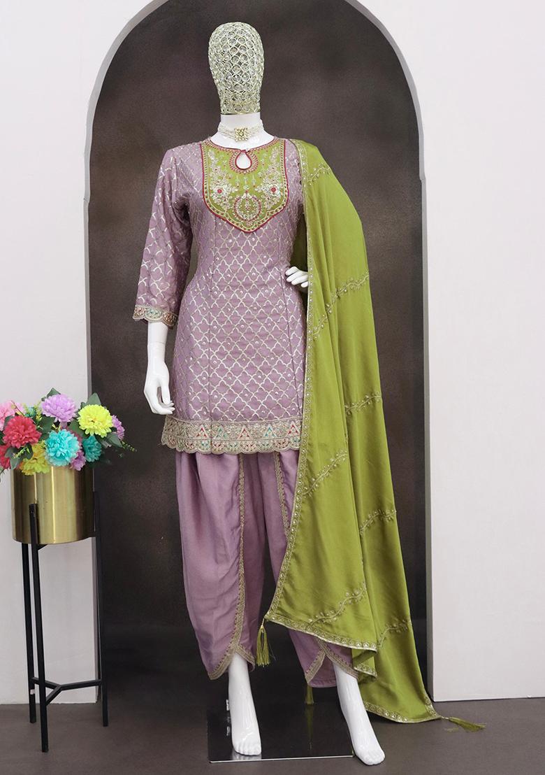 Lavender Embroidered Silk Kurta Set With Dupatta - Indya