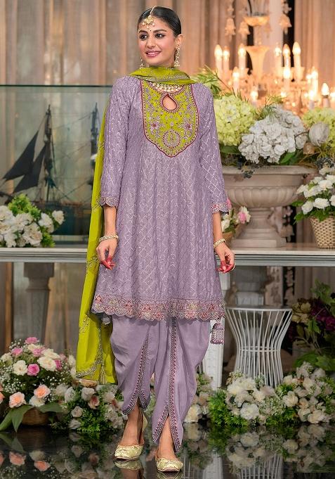 Lavender Embroidered Silk Punjabi Suit