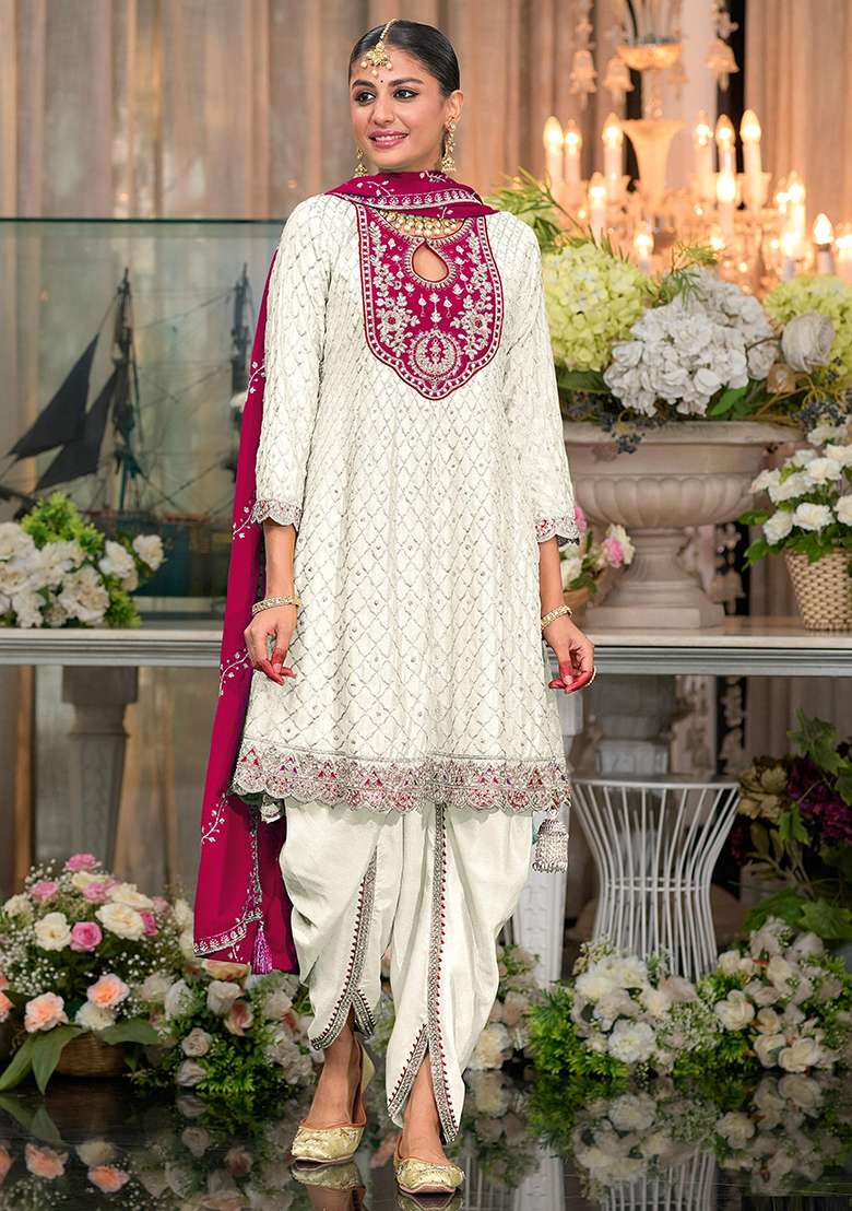 White Embroidered Silk Blend Punjabi Suit - Indya