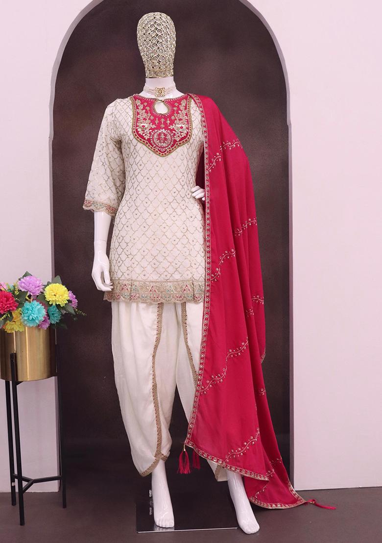 White Embroidered Silk Kurta Set With Dupatta - Indya