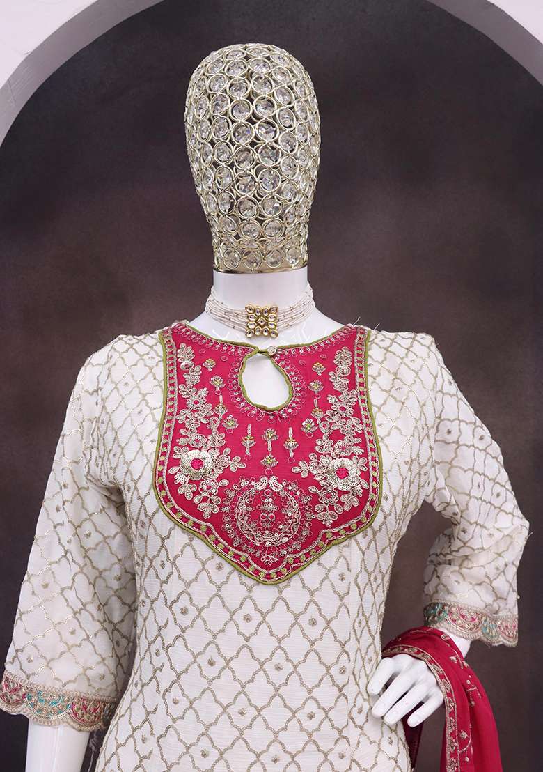 White Embroidered Silk Blend Punjabi Suit - Indya