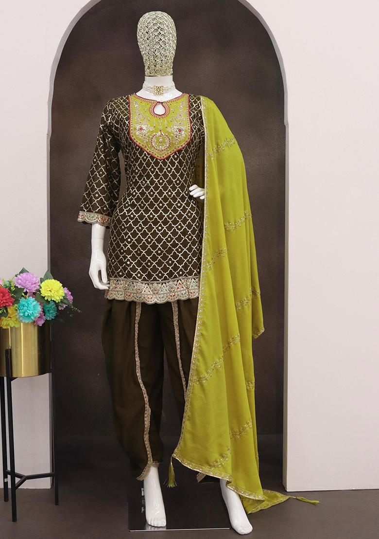 Mehendi Embroidered Silk Kurta Set With Dupatta - Indya